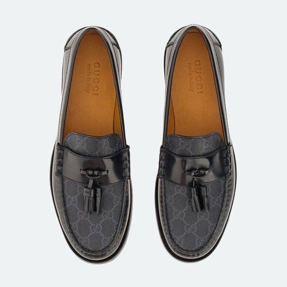 NEW GUCCI SUPREME TASSEL BLACK LEATHER & CANVAS MEN’S SHOES US 13 / 12 G $920 - Picture 1 of 10